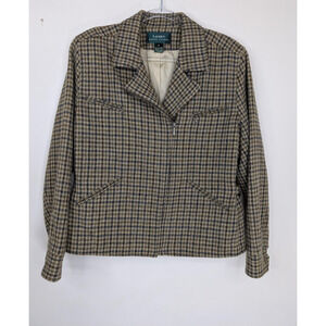 Vintage Lauren Ralph Lauren Jacket Womens 16 Brown Check Wool Tweed Zip Pockets